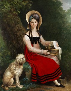 Young Girl with Poodle on a Lawn Bench